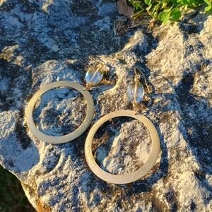 Vintage, 1990s, large brushed gold tone hoop earrings w crystal accent, gypsy